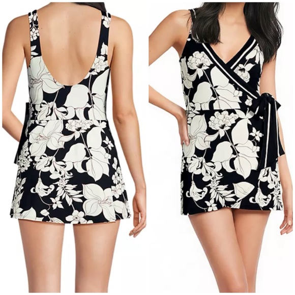 Lands end side tie Wrap Swimdress black /white - Picture 3 of 6